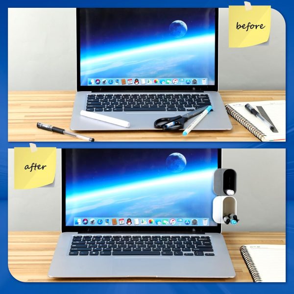 6 Pcs Screen Pen Pencil Holders Attachable Deskside Pen Holder Computer Monitor Desktop Pen Organizer with Self Adhesive Attacher for Office Supplies Work Gadgets Storage (Gray, White) - Image 6