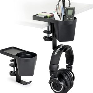 EHO Clamp On Pen Cup Holder with Headphone Hanger, No Drill Under Desk Headphone Hook or Bag Hook for Pens, Pencils, Paper Clips, Various Stationery and Drink Cups
