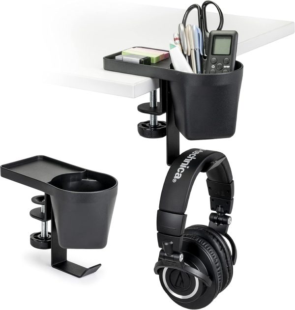 EHO Clamp On Pen Cup Holder with Headphone Hanger, No Drill Under Desk Headphone Hook or Bag Hook for Pens, Pencils, Paper Clips, Various Stationery and Drink Cups