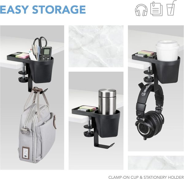 EHO Clamp On Pen Cup Holder with Headphone Hanger, No Drill Under Desk Headphone Hook or Bag Hook for Pens, Pencils, Paper Clips, Various Stationery and Drink Cups - Image 2