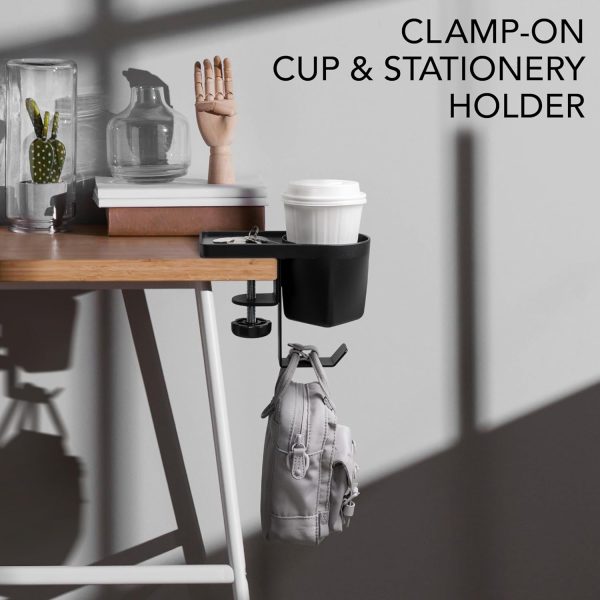 EHO Clamp On Pen Cup Holder with Headphone Hanger, No Drill Under Desk Headphone Hook or Bag Hook for Pens, Pencils, Paper Clips, Various Stationery and Drink Cups - Image 3