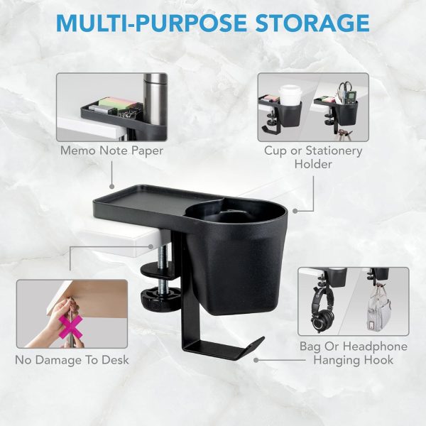 EHO Clamp On Pen Cup Holder with Headphone Hanger, No Drill Under Desk Headphone Hook or Bag Hook for Pens, Pencils, Paper Clips, Various Stationery and Drink Cups - Image 5
