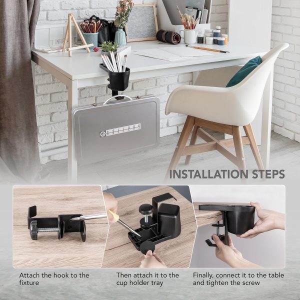 EHO Clamp On Pen Cup Holder with Headphone Hanger, No Drill Under Desk Headphone Hook or Bag Hook for Pens, Pencils, Paper Clips, Various Stationery and Drink Cups - Image 8