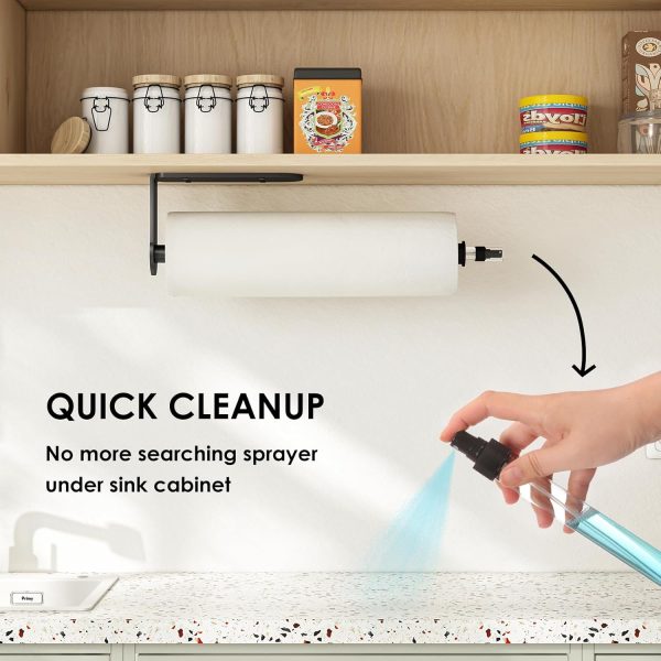 Fixwal Paper Towel Holder Under Cabinet with Spray Bottle, Self Adhesive and Drilling, Paper Towel Holder Wall Mount, for Kitchen and Bathroom, Black - Image 4