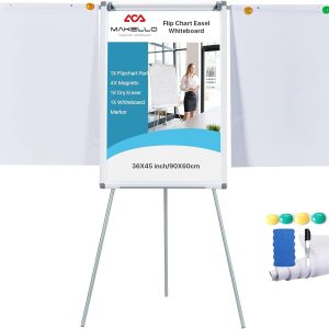 MAKELLO Flip Chart Easel Magnetic White Board with Stand for Office School Classroom Home Restaurant, Extended Display Arms, Adjustable Height, 36x24 in