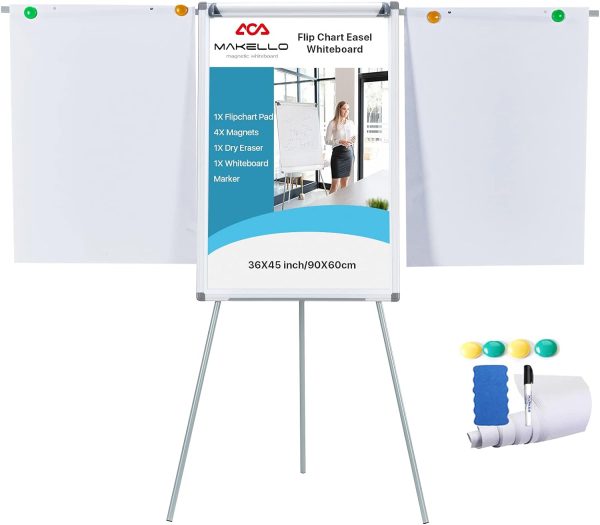 MAKELLO Flip Chart Easel Magnetic White Board with Stand for Office School Classroom Home Restaurant, Extended Display Arms, Adjustable Height, 36x24 in