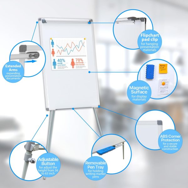 MAKELLO Flip Chart Easel Magnetic White Board with Stand for Office School Classroom Home Restaurant, Extended Display Arms, Adjustable Height, 36x24 in - Image 2