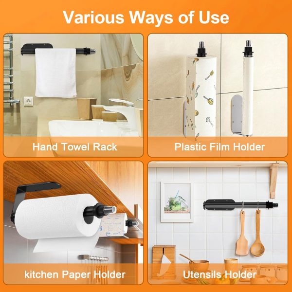 Paper Towel Holder with Spray Bottle, Under Cabinet Paper Towels Holders with Sprayer Inside Center, Hanging Wall Mount Papertowels Roller for Kitchen, Bathroom, Countertop, Cabinet - Black - Image 5