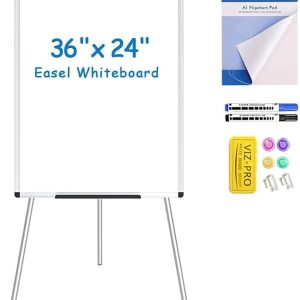 VIZ-PRO Whiteboard Easel, 36 x 24 Inches, Portable Dry Erase Board Height Adjustable With Flipchart Pad